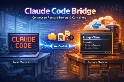 Claude Code Bridge hero graphic detailing connecting Claude Code to remote machines, containers, and servers via WebSocket. Read, write, and manage files anywhere.