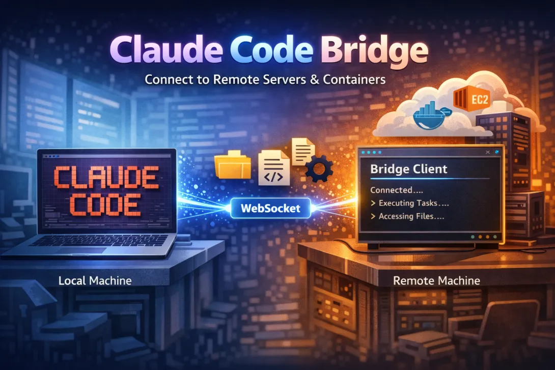 Claude Code Bridge hero graphic detailing connecting Claude Code to remote machines, containers, and servers via WebSocket. Read, write, and manage files anywhere.